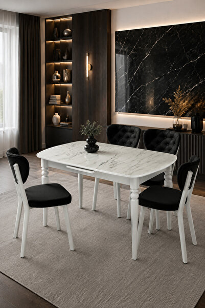 Atolye Casa 80x130 MDF Yemek Masası (Sadece Masa) Beyaz Mermer Renk ParlakYüz...