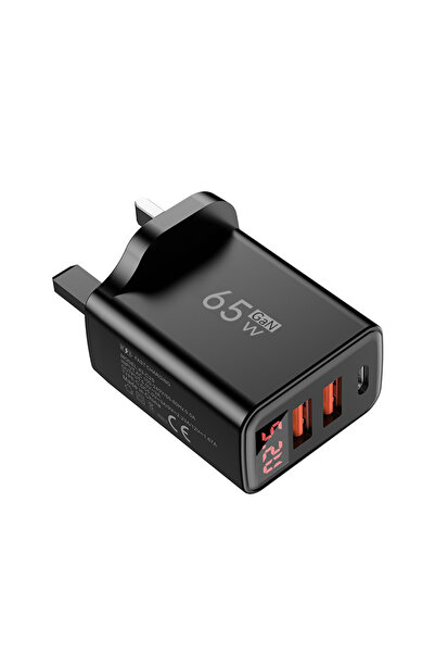 Choice1 شاحن USB-C أسود بقوة 65 واط بتقنية GaN مع منفذ UK، شاحن سريع PD للهوا...