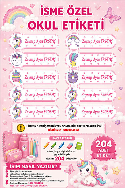 Ayza Tasarım Unicorn Kalem Defter Kitap Etiketi İsim Etiketi Kişiye Özel Yapı...