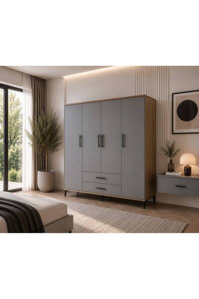 Afilli Urla 4 Kapaklı 2 Çekmeceli Gardrop Tamamı Mdf( atlas çam buz gri )