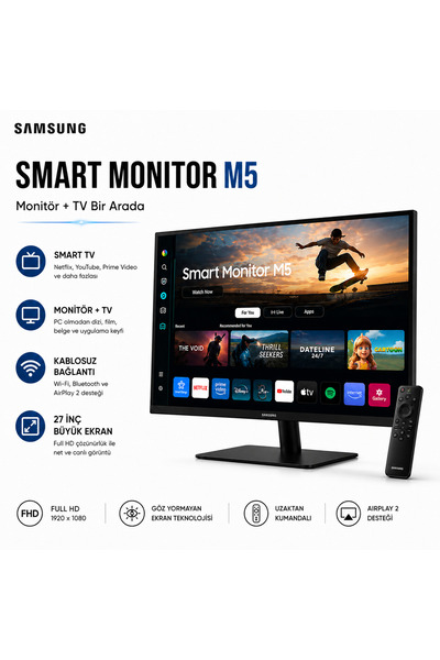 Samsung 27 İnç FHD Dahili Hoparlörlü Tizen Smart Wi-Fi Ve Bluetooth Bağlantıl...