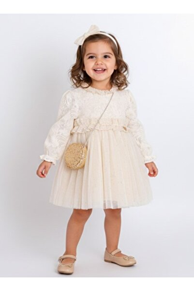 Cumino Marry&Joe Girl's Dress with Openwork Sleeves and Tulle Detail with Bag...
