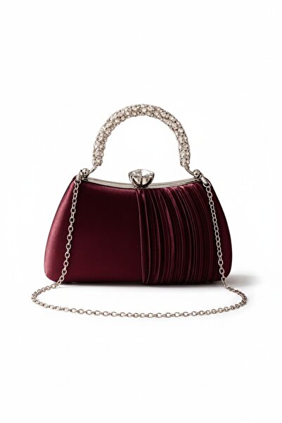 Famels Half-Battery-Operated Claret Red Satin Stone Handle Evening Dress Bag, Handbag, Silver Evening Dress Bag