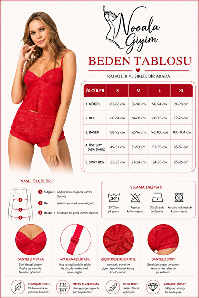 NOOALA GİYİM Lüks Çiçek Desenli Dantel Şortlu Pijama Takımı – Romantik & Konf...