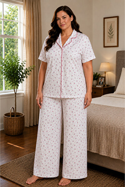 CALERA Large Size Cotton Floral Print Pajama Set Summer Breathable Fabric Red...