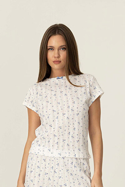 girlstop Kadın Pointelle Çiçek Desenli Basic Kısa Kollu Pijama Üstü