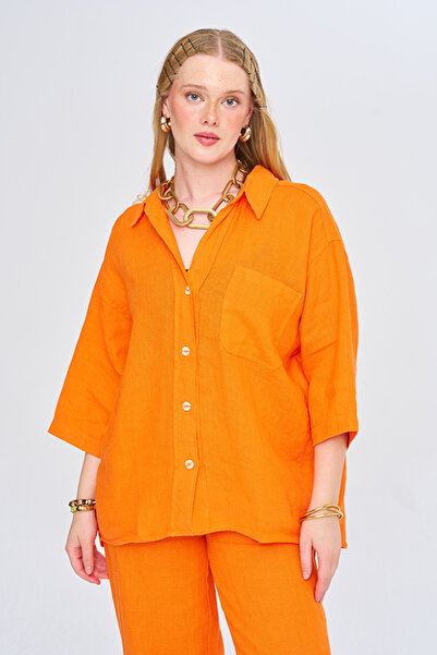Orfeo Negro Women's Solid Color Single Pocket 100% Linen Shirt
