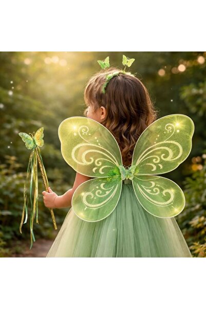 partidolu Yeşil Renk Tinker Bell Kelebek Gösteri Kanat Set 50 cm 3 lü Set Kan...