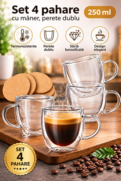 Solvero Set 4 pahare cu maner, perete dublu, sticla borosilicata, 250 ml