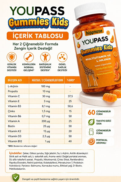 Hippnose Youpass Gummies Kids Çocuklar İçin Multivitamin ve L-Arjinin İçeren 60 Adet Çiğnene Bilir Takviye