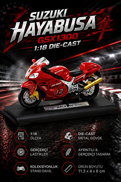 craftivio Suzuki Hayabusa GSX1300 Die Cast Model Motorsiklet Kırmızı Standlı ...
