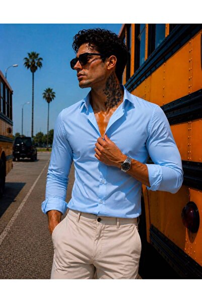 sepetx Erkek Premium Pamuk Saten Slim Fit Buz Mavisi Gömlek | Modern ve Şık T...