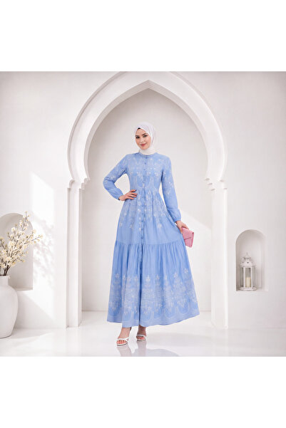 Muslima Wear Perla Blu Women's Blue and White Patterned Dress with Pearl Buttons