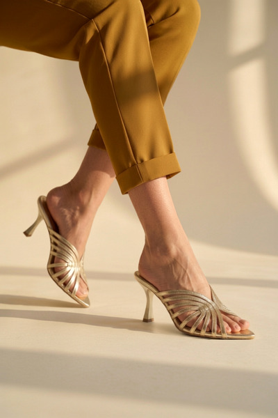 vitaeny Dafne Gold Metallic Stripe Detailed Pointed Toe Thin Heeled Women's S...