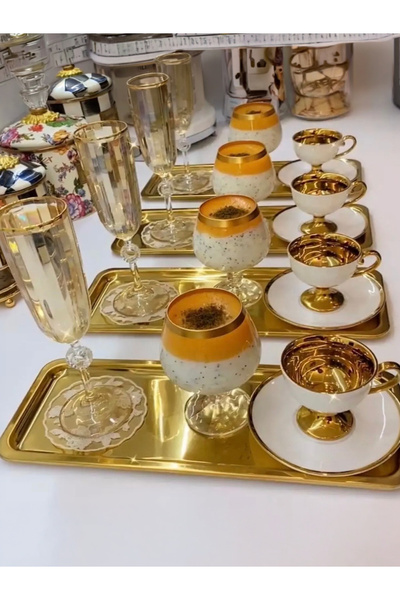 Elzem Paslanmaz Çelik Gold Renk 4 Lü Baton Servis Tepsisi Lüx Sunum