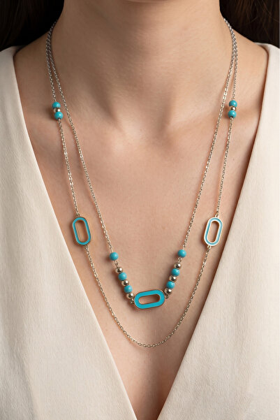 Modacaprea Steel Double Turquoise Necklace 45 cm |   Silver Color Non Tarnish...
