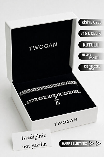 TWOGAN Kişiye Özel Harfli Çelik Bileklik Seti, Kadına, Erkeğe Hediye