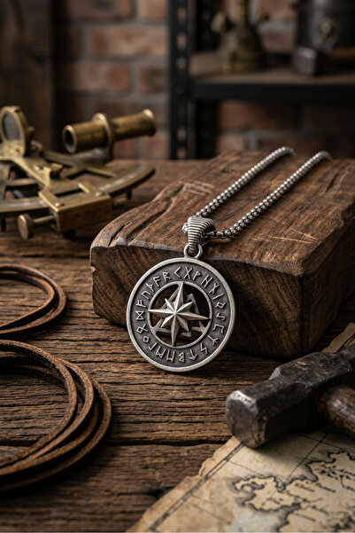Begondio Compass Viking Run Handcrafted Stainless Steel Chain Men's Necklace