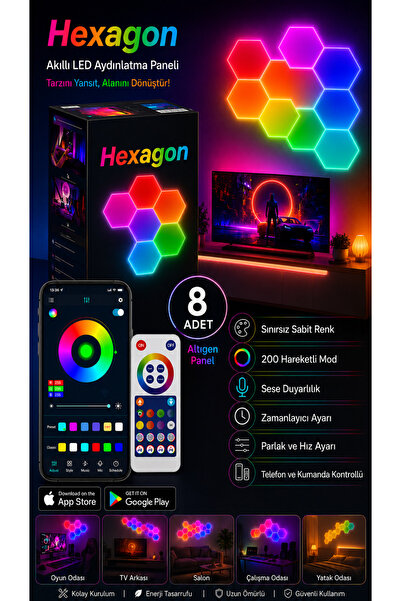 neeko Hexagonel Oda Işığı Birleştirilebilir RGB-IC Telefon ve Kumanda Kontrol...