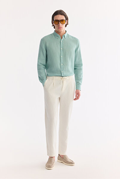 Avva Men's Off-White Waist-Tied Linen Blend Chino Relaxed Fit Trousers B003036
