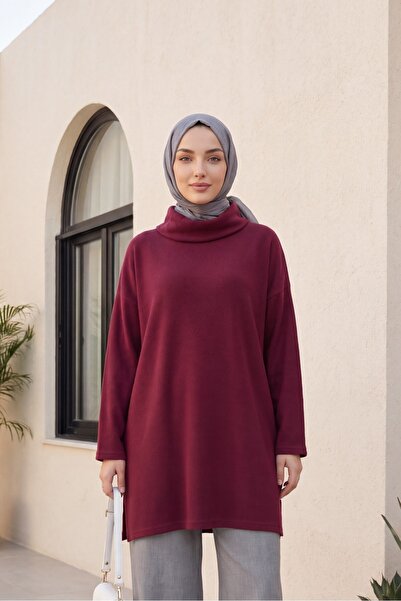 Modamorfo Turtleneck Slit Ribbed Knit Tunic -Burgundy