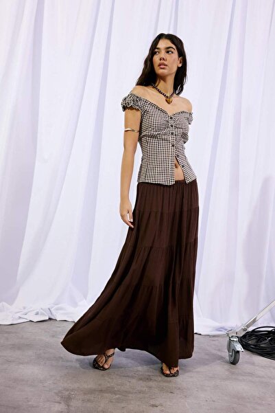 DeFacto Normal Waist Wrinkled Textured Viscose Maxi Brown Skirt H3336Ax26Sm