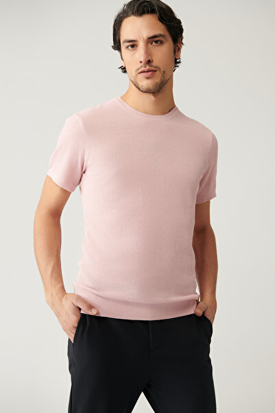 Avva Men's Light Pink Crew Neck Textured Cotton Regular Fit Knitwear T-Shirt ...