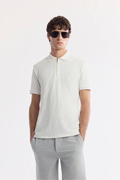 Avva Men's White Polo Neck Jacquard Regular Fit T-Shirt A51Y1090