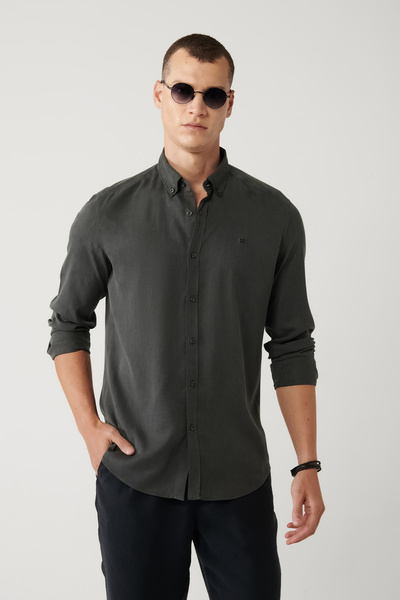 Avva Men's Anthracite Buttoned Collar Linen Blend Slim Fit Shirt B002001