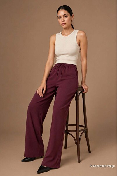 Madmext Burgundy Elastic Waisted Loose Cut Pants Mg2020