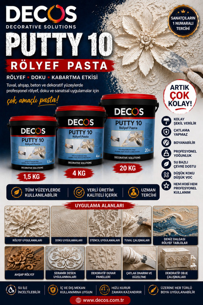 DECOS Putty 10 - Klasik Rölyef Pasta 1,5 KG – Modelleme ve Doku Macunu – Stencil, Kabartma ve Dekoratif Sanat Pastası