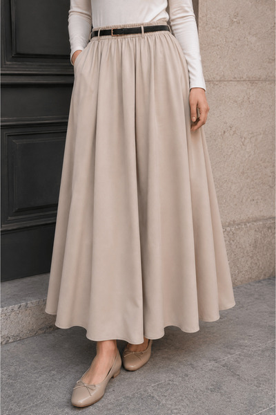 Lunsera Store Lunsera Kadın Dubai Kumaş Maxi Etek Cepli Lastikli Uzun Etek -Taş