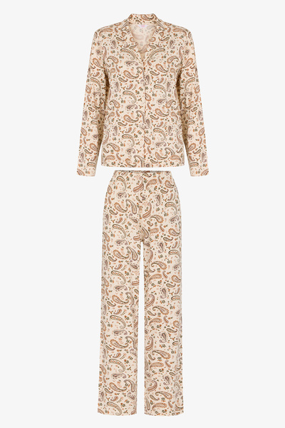 Penti Ecru Margot bedrucktes, gemustertes Langarm-Hemd-Hosen-Pyjama-Set