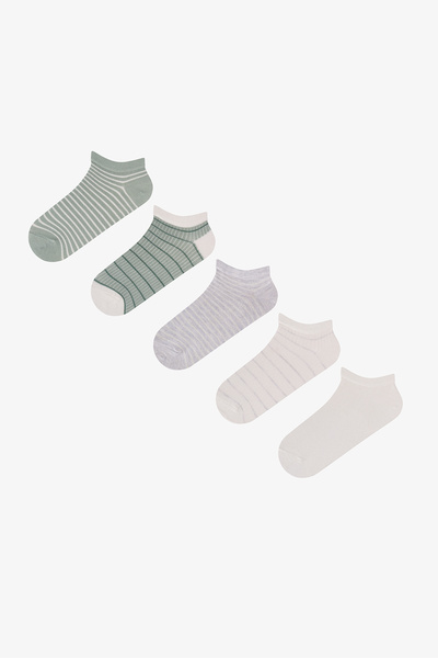 Penti Green and White Ribbed Line Striped Cotton Jacquard 5 Pairs Booties Socks