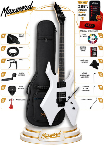 Maxword GT-Line-WH Profesyonel Warlock Kasa HH Elektro Gitar Seti Beyaz