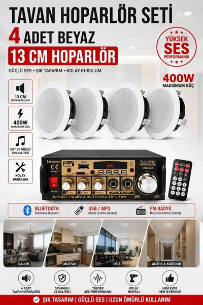 Poke Tavan Hoparlör Seti (1 Adet Anfi Bluetooth Usb Sd Fm + 4 Adet 10 W 13 cm...
