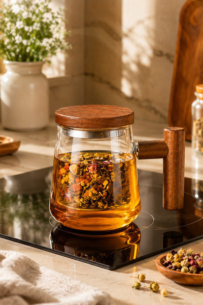 Porsima 17564 Herby Borosilikat Cam Süzgeçli Kupa Bitki Çayı Demliği 500 ml