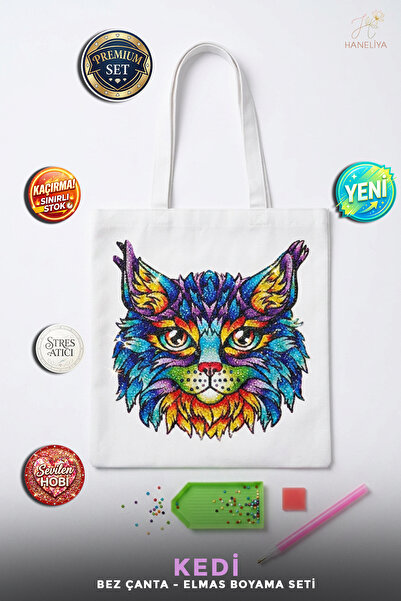 Haneliya Kedi Figürlü Elmas Boyama Bez Çanta Hobi Kiti - Diamond Painting Taş...