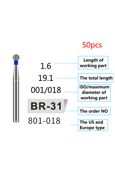 Choice6 BR-31 50 قطعة/كيس رؤوس حفر ماسية للأسنان FG 1.6 مم لقبضة الأسنان عالي...