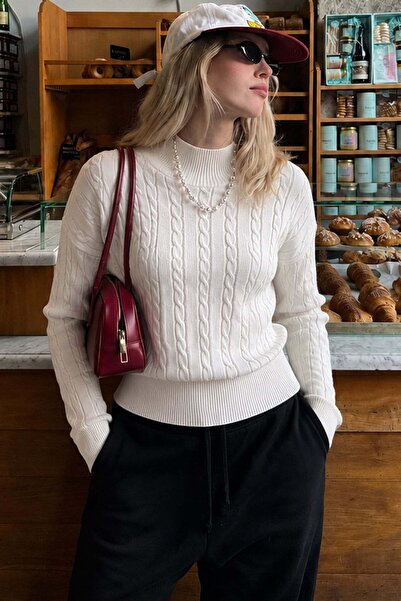 Madmext Bone Color Half Turtleneck Braided Knitwear Women's Sweater Mg2257