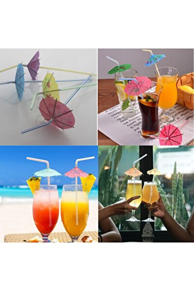 partidolu Hawaian Renkli Şemsiye Şekilli 24 Cm Plastik Körüklü Pipet 25 Adet