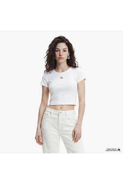 Calvin Klein A- Woven Label 2X2 Rib Baby Tee Kadın Bisiklet Yaka T-Shirt Beyaz