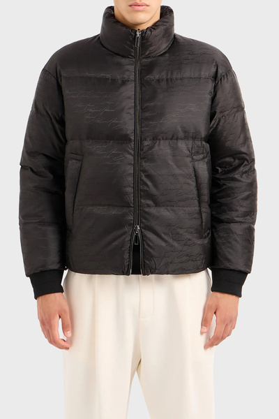 Emporio Armani Men's Woven Fabric Stand Collar Zippered Black Coat