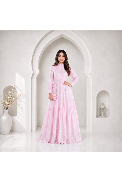 Muslima Wear Rose Dream Inci Düğmeli Pembe Gül Desenli Kadın Elbisesi