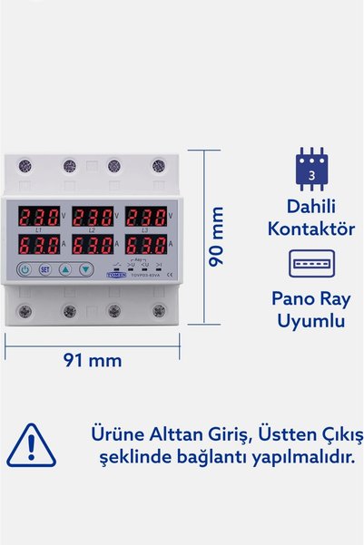 TOMZN Trifaz Gerilim ve Akım Koruma Rölesi Yüksek Alçak Voltaj Koruyucu Röle 63A 3 Fazlı - Ev Tipi