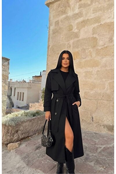 TANISA Μαύρο υφασμάτινο κοστούμι με φόδρα και ζώνη, μακριά καμπαρντίνα TNS-9007
