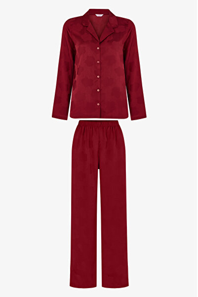 Penti Bordo Orquidea Saten Çiçekli Uzun Kollu Gömlek Pantolon Pijama Takımı