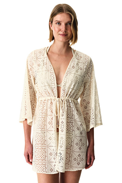 Penti Kimono cu mânecă lungă din dantelă cu model etnic Ecru Jasmine
