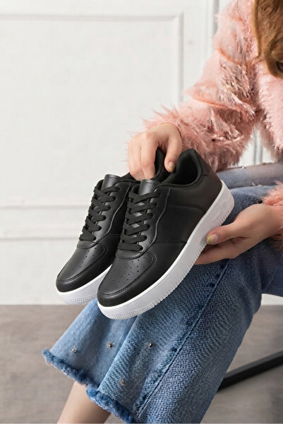 Nstil Kadın Siyah Beyaz Sneaker Kalın Tabanlı Bağcıklı Hafif Nefes Alan Günlük Yürüyüş Spor Ayakkabı 1004