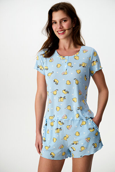 Penti Açık Mavi Happiness Fitilli Hayvan Desenli Kısa Kollu Şort Pijama Takımı